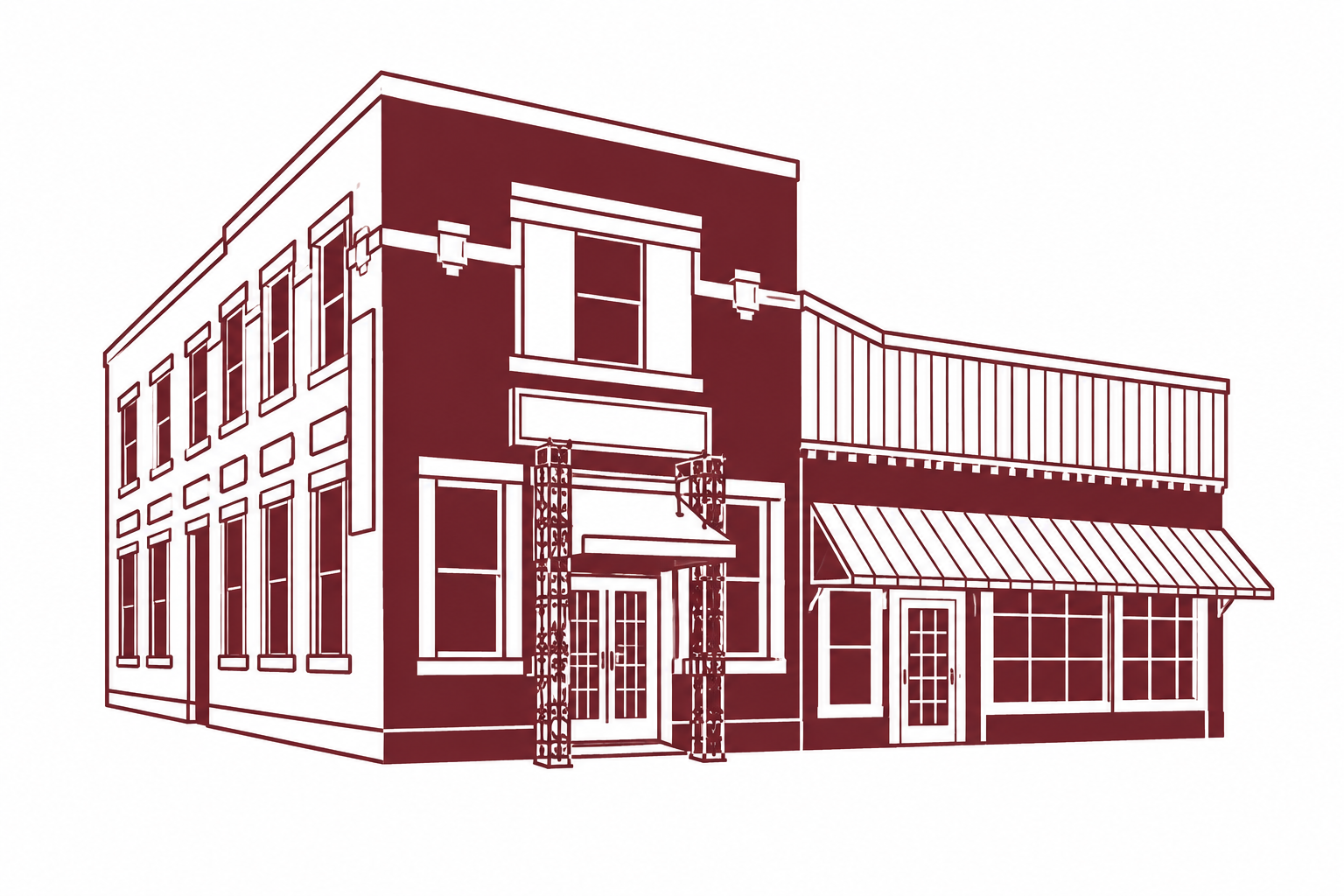 Illustration of Crosby Antique Mall’s brick corner building and awning.